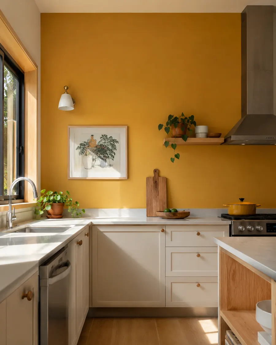 Ambiente com parede em amarelo mostarda